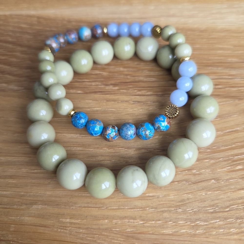 Green Matcha Jasper & Blue Angelite Beads Stretch Bracelet Set, Handcrafted - Picture 10 of 13